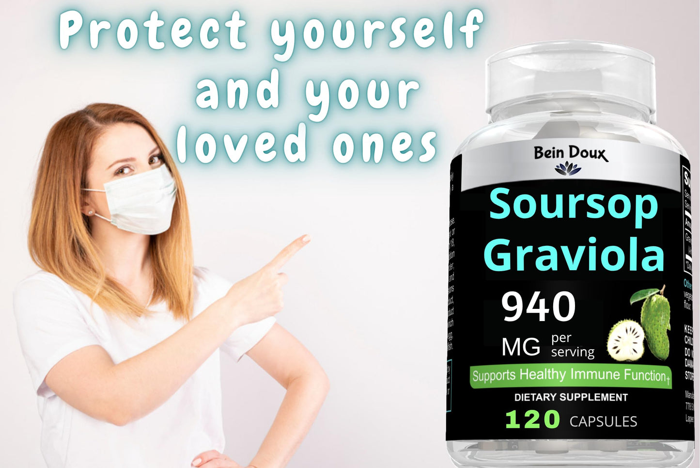 BEIN DOUX 940mg Soursop Graviola Leaves Powder Capsule Rich in Antioxidants, 120 Capsules