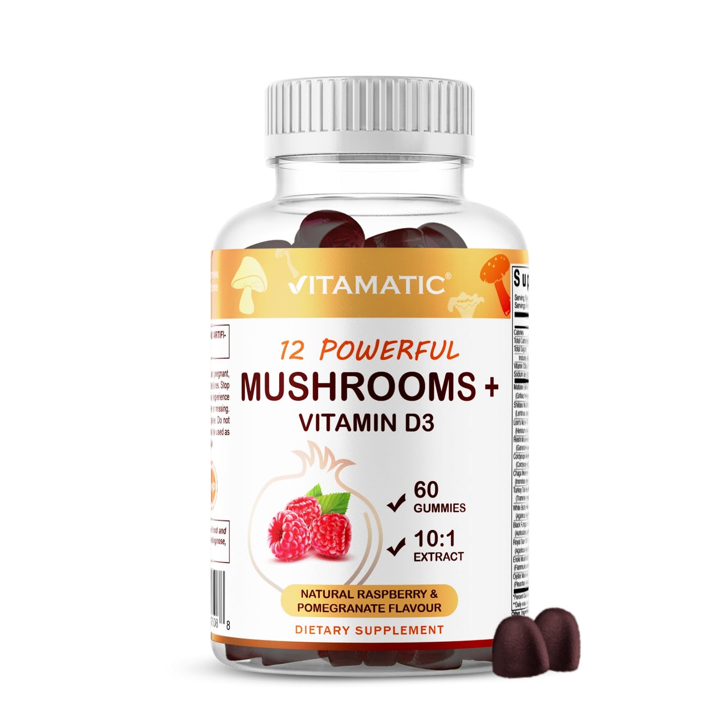Vitamatic Mushroom Complex Gummies with D3 – Plant-Based Botanical Extract – Pectin-Based, Non-GMO – Herbal Supplement Gummies, 60 Count