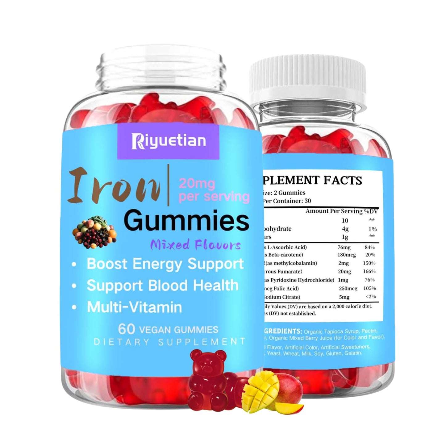 Riyuetian Multivitamin Iron Gummies for Teens & Women 60 Count