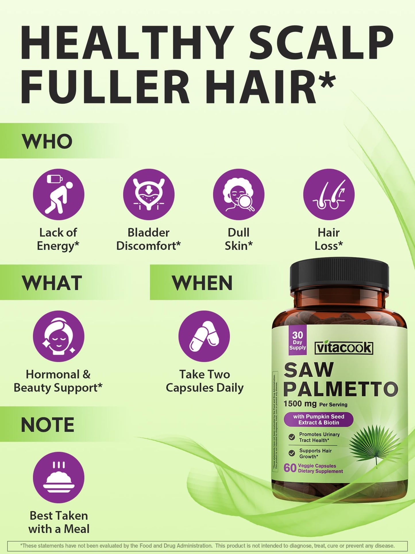 Vitacook Saw Palmetto Supplement for Men and Women 1500mg, with Pumpkin Seed Extract and Biotin, Urinary Tract Function, Hair, Skin, and Nail Health, 60 Vegetarian Capsules