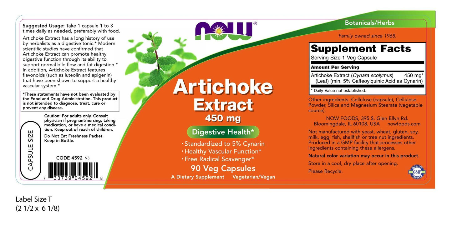NOW Foods Artichoke Extract 450 mg Capsules, 90 Count
