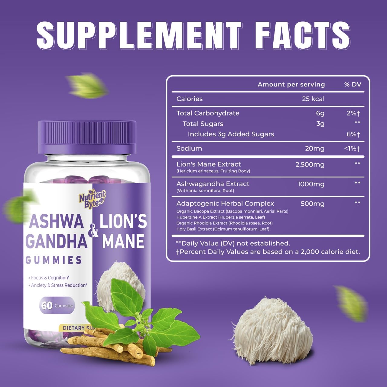 Nutrient Byte Lionemane and Ashwagandha Gummies Adaptogenic Mushroom Blend with Rhodiola, Bacopa & Holy Basil – Brain, Mood & Immune Support for Adults – Vegan – 60 Gummies