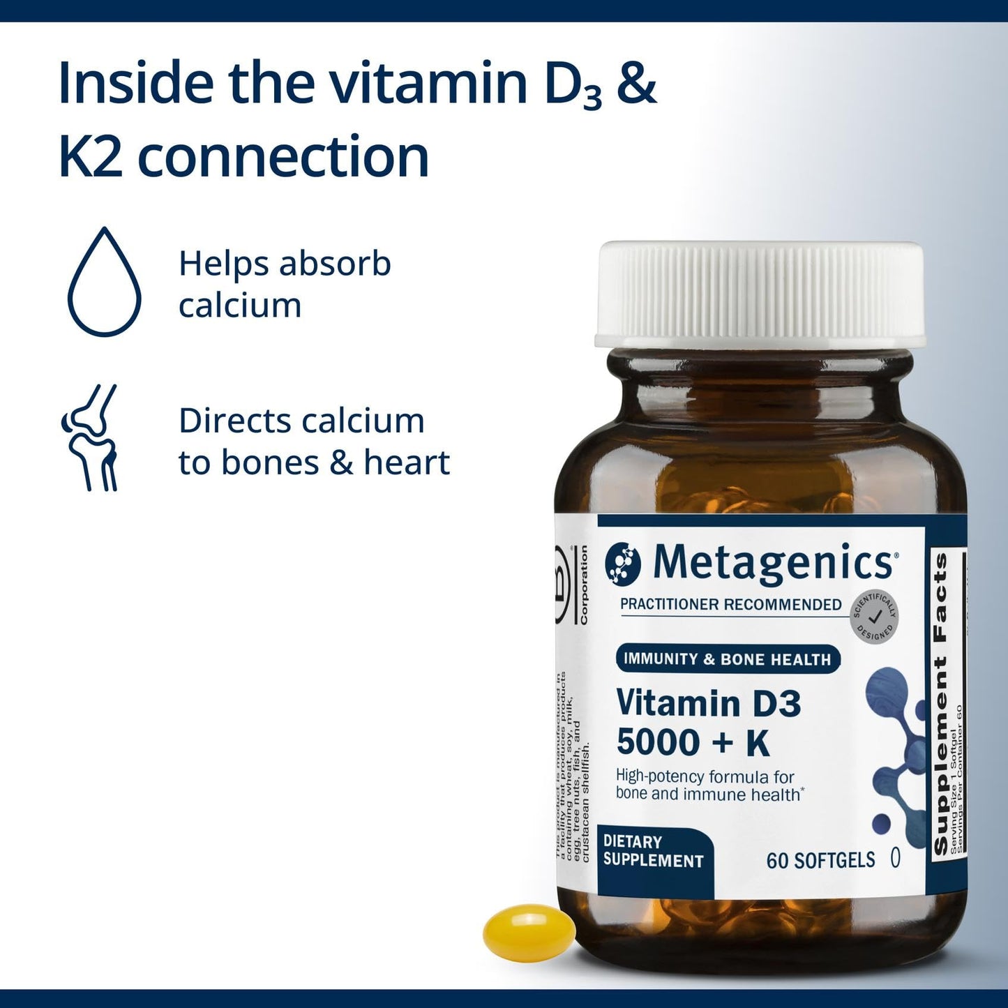 Metagenics Vitamin D3 and Vitamin K2 5,000 IU with MK-7 Softgels, 60 Count