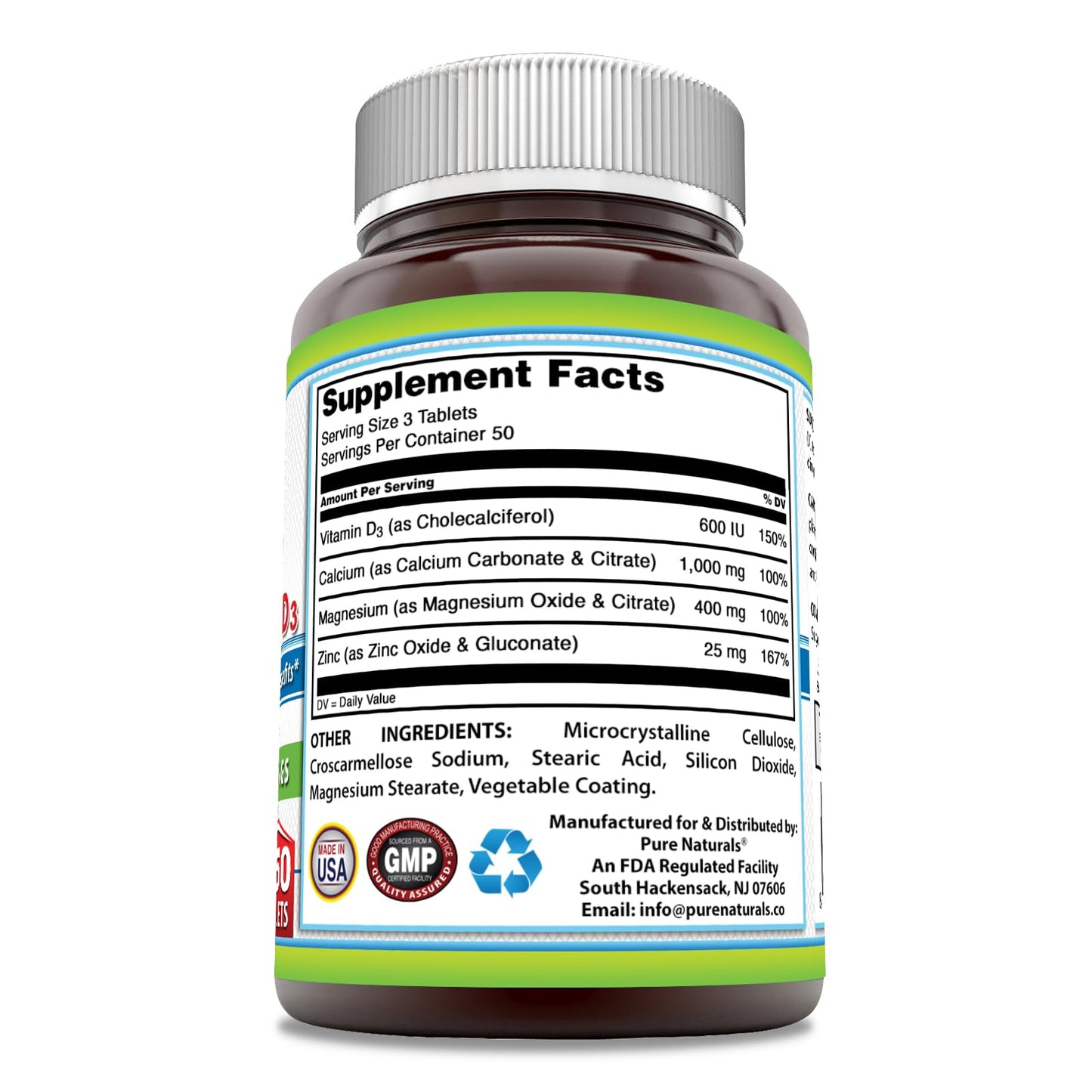 Pure Naturals Calcium Magnesium Zinc Vitamin D3 Supplement Tablets 150 Count