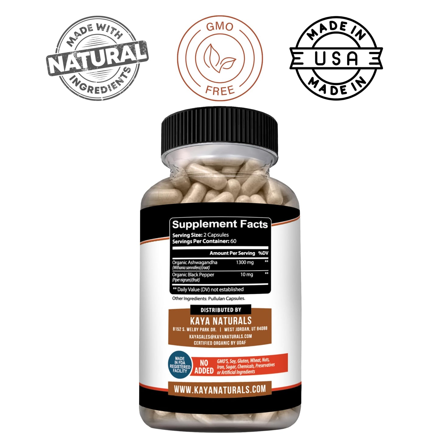 Kaya Naturals Ashwagandha 1300mg Capsules, 120 Count