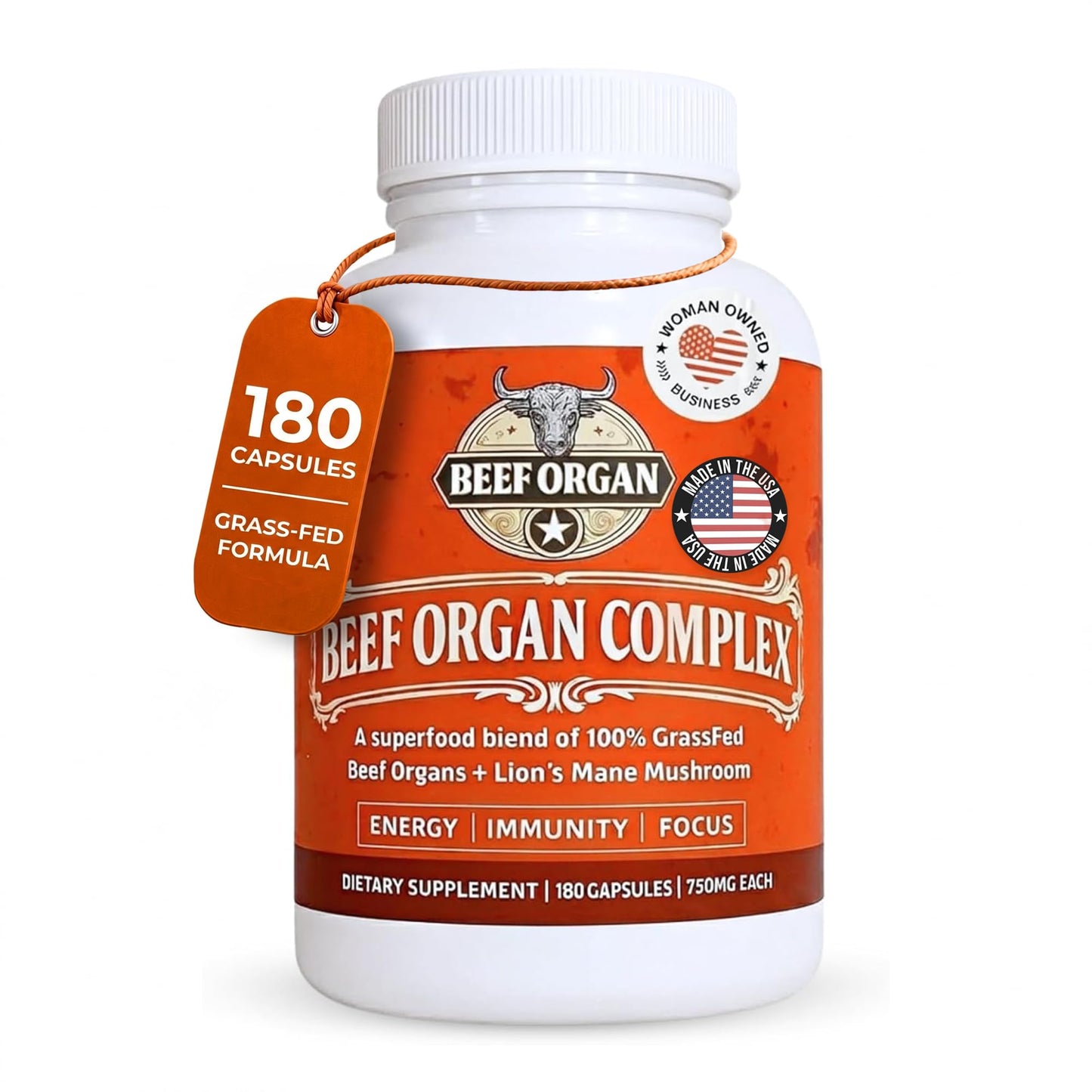 Ancient Diosa Grass Fed Beef Organ Complex 4000mg Supplement for Men & Women with Lion's Mane & Ceylon Cinnamon - Energy, Immunity & Focus - Pasture Raised, Third Party Tested & USA Made - 180 Capsules