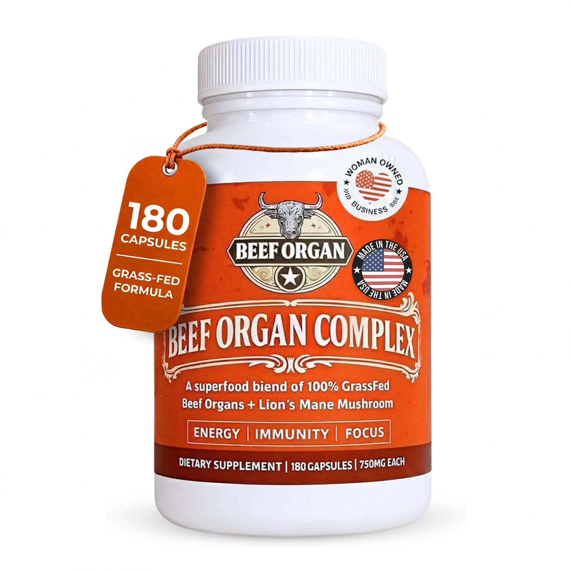 Ancient Diosa Grass Fed Beef Organ Complex 4000mg Supplement for Men & Women with Lion's Mane & Ceylon Cinnamon - Energy, Immunity & Focus - Pasture Raised, Third Party Tested & USA Made - 180 Capsules