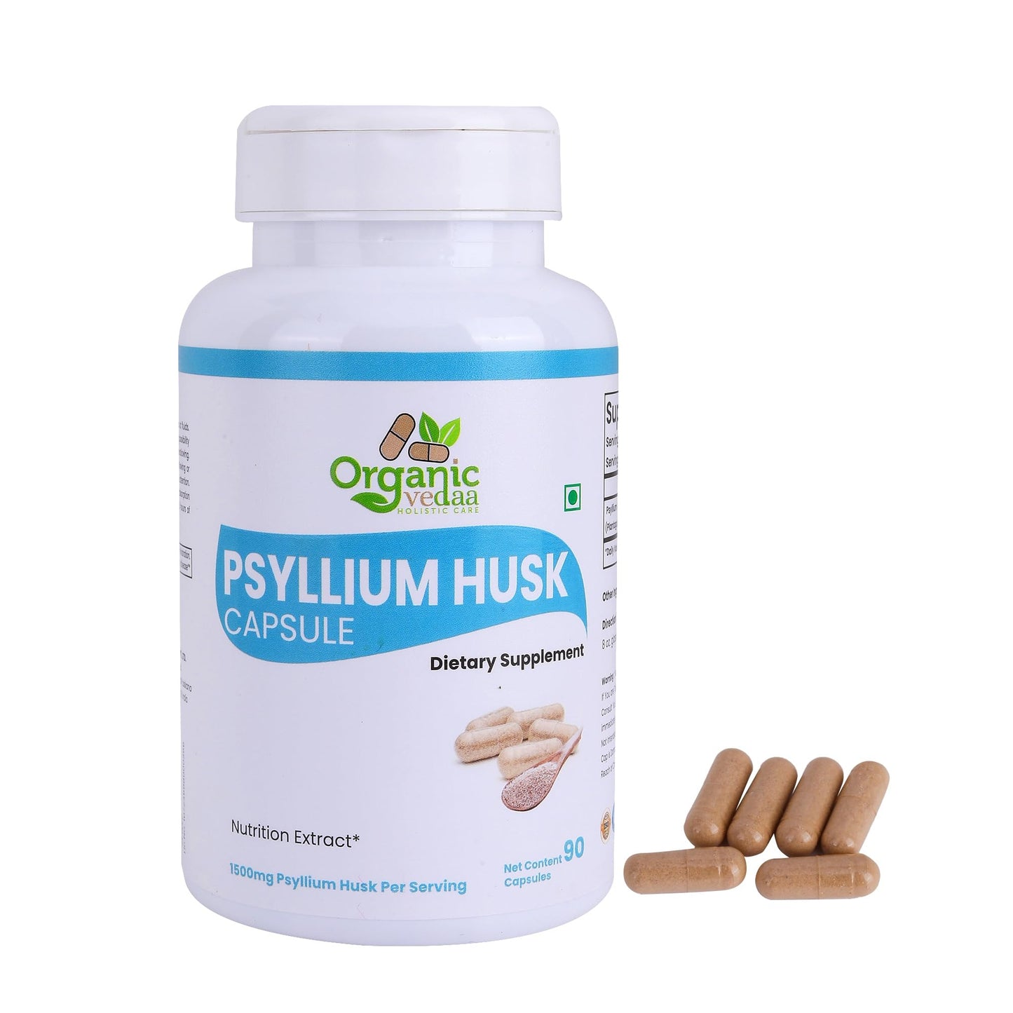 ORGANIC VEDAA HOLISTIC CARE Natural Fiber Supplement for Digestive Health & Regularity Psyllium Husk Fiber Capsules 1 Capsule