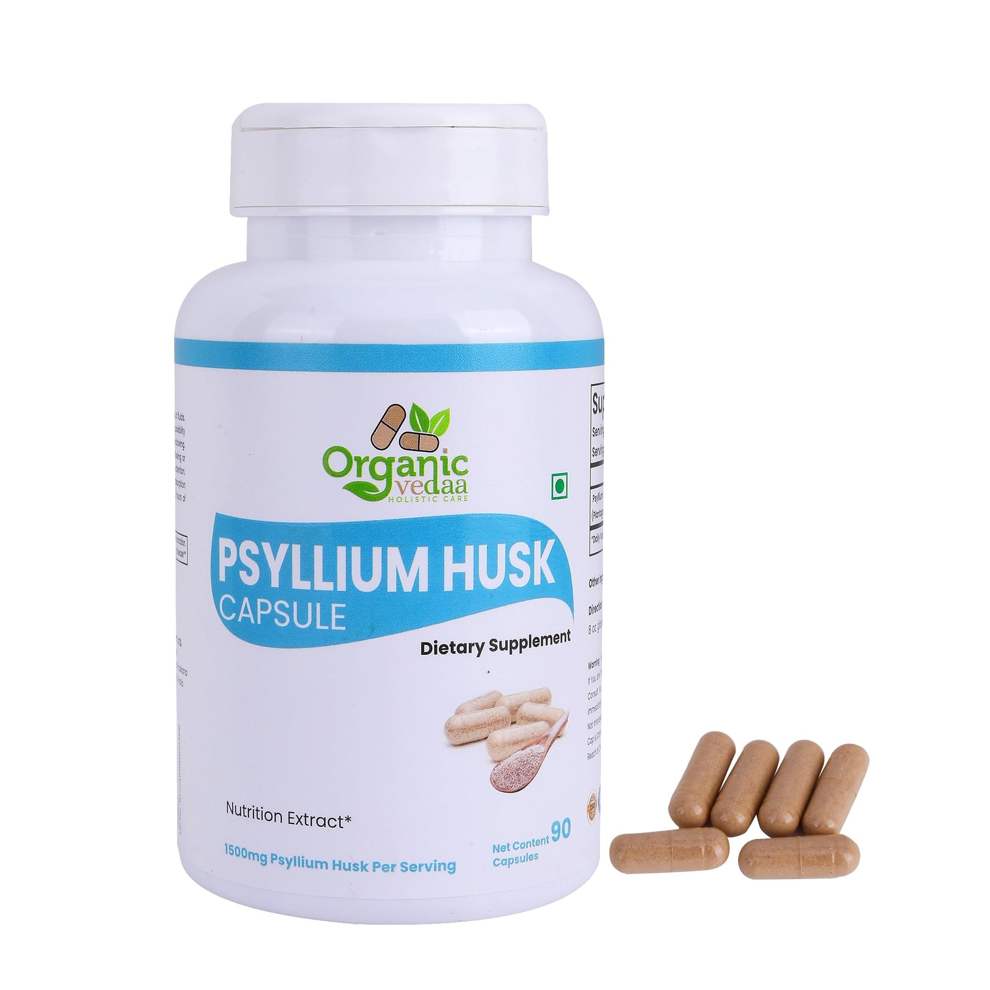 ORGANIC VEDAA HOLISTIC CARE Natural Fiber Supplement for Digestive Health & Regularity Psyllium Husk Fiber Capsules 1 Capsule