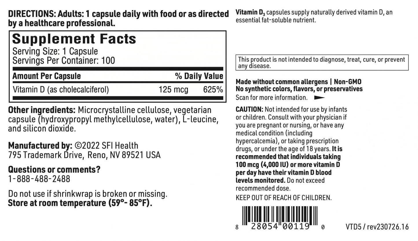 SFI Health Vitamin D3 5000 IU High Potency Capsule, 100 Count