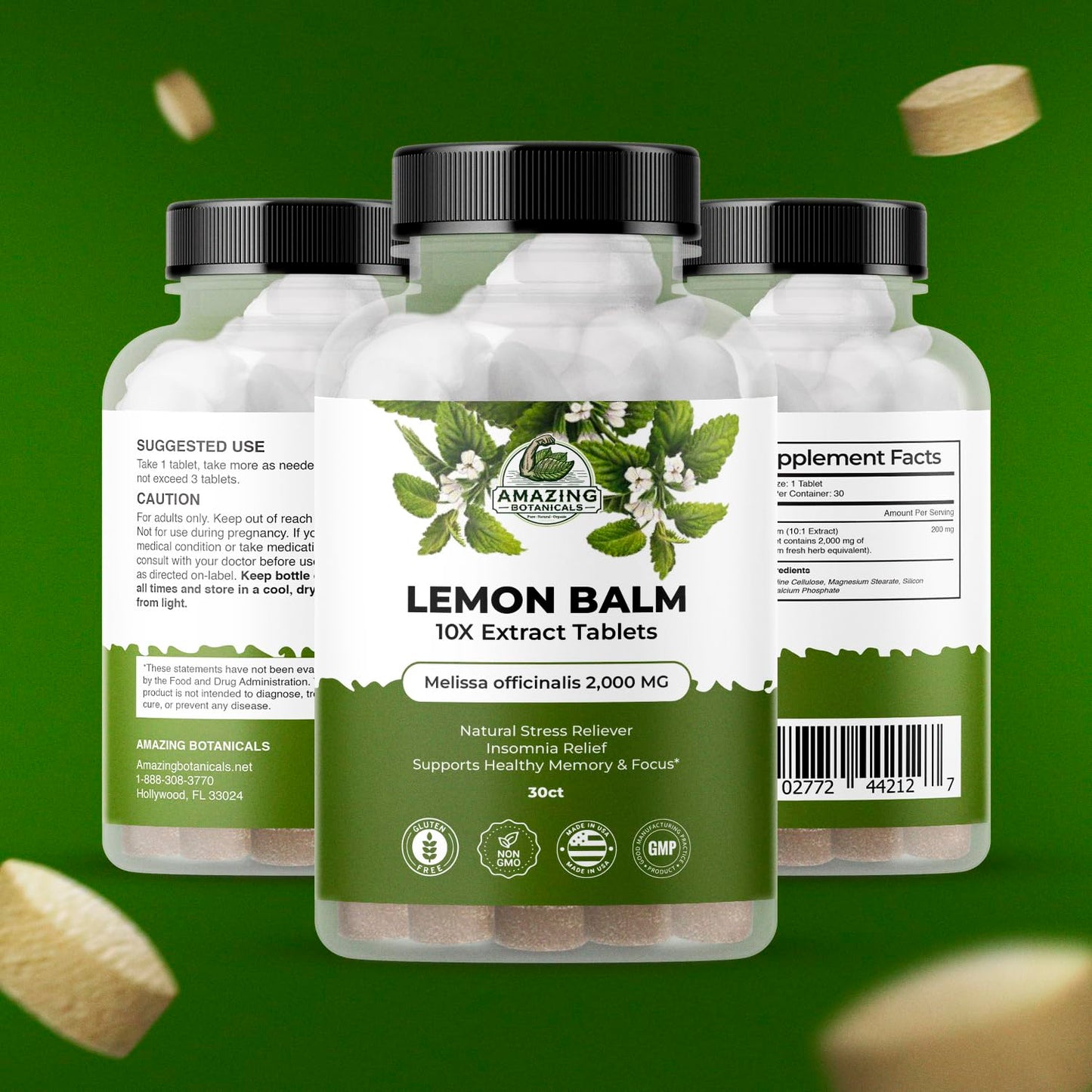 Amazing Botanicals Lemon Balm 10X Extract Tablets 200 mg per Serving Melissa Officinalis, Supports Calm and Relaxation, 30 Tablets