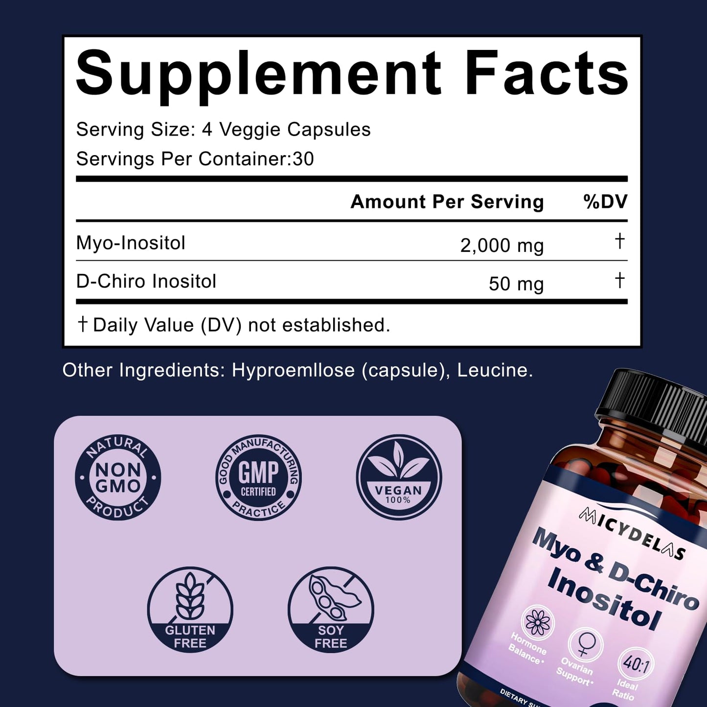 MICYDELAS Myo-Inositol & D-Chiro Inositol Supplement for Women Hormone Balance & Female Health Support, Ideal 40:1 Ratio Per Serving, Vegan, Non-GMO 120 Capsules