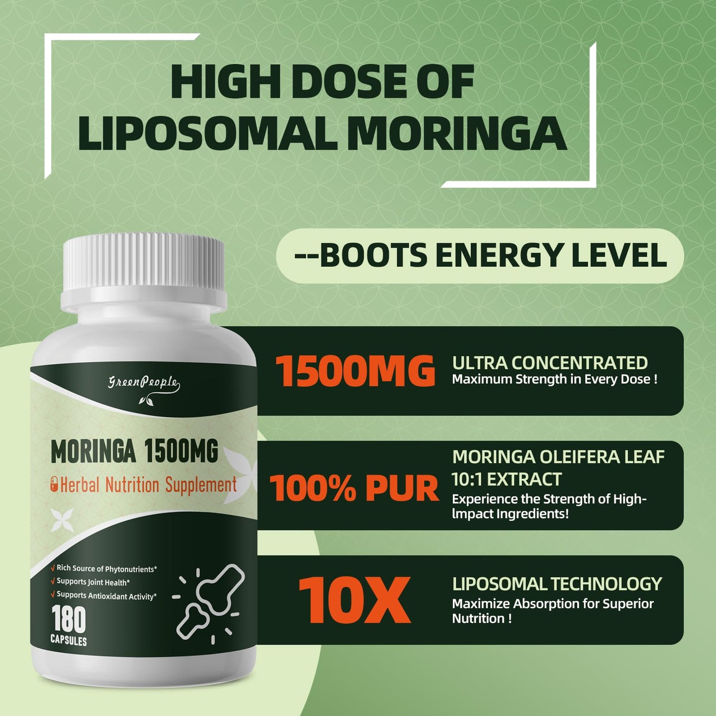 GREENPEOPLE Whole-Leaf Moringa Capsules 1500mg, 180 Count