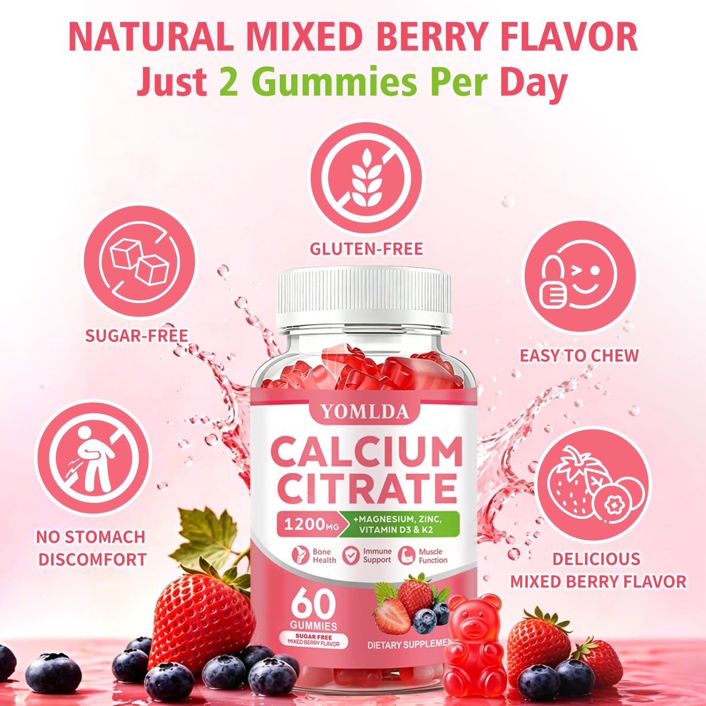 YOMLDA Calcium Citrate 1200 mg with Vitamin D3 & K2 Gummies, 120 Count