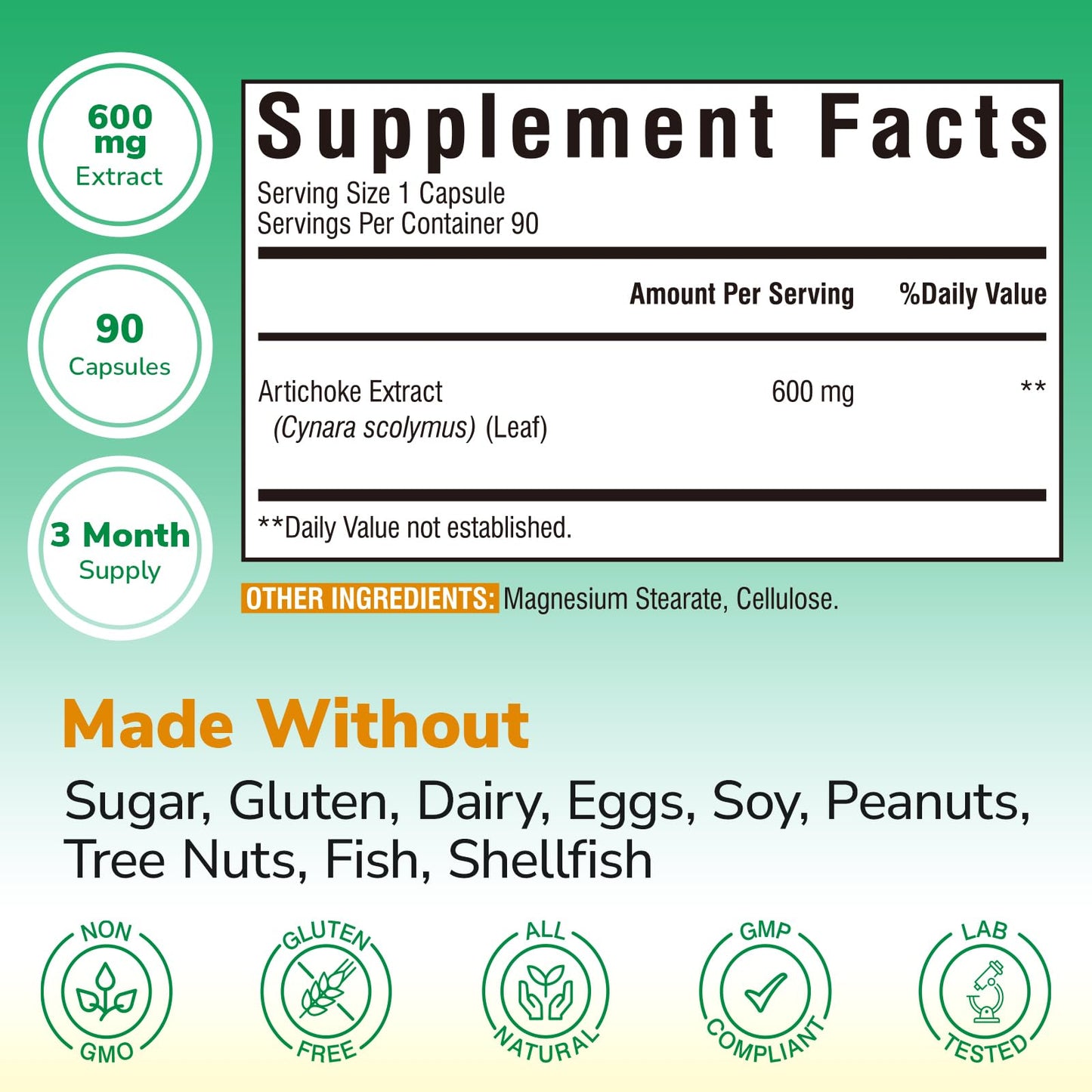 Vitalibre Artichoke Leaf Extract 600 mg Capsule, 90 Count