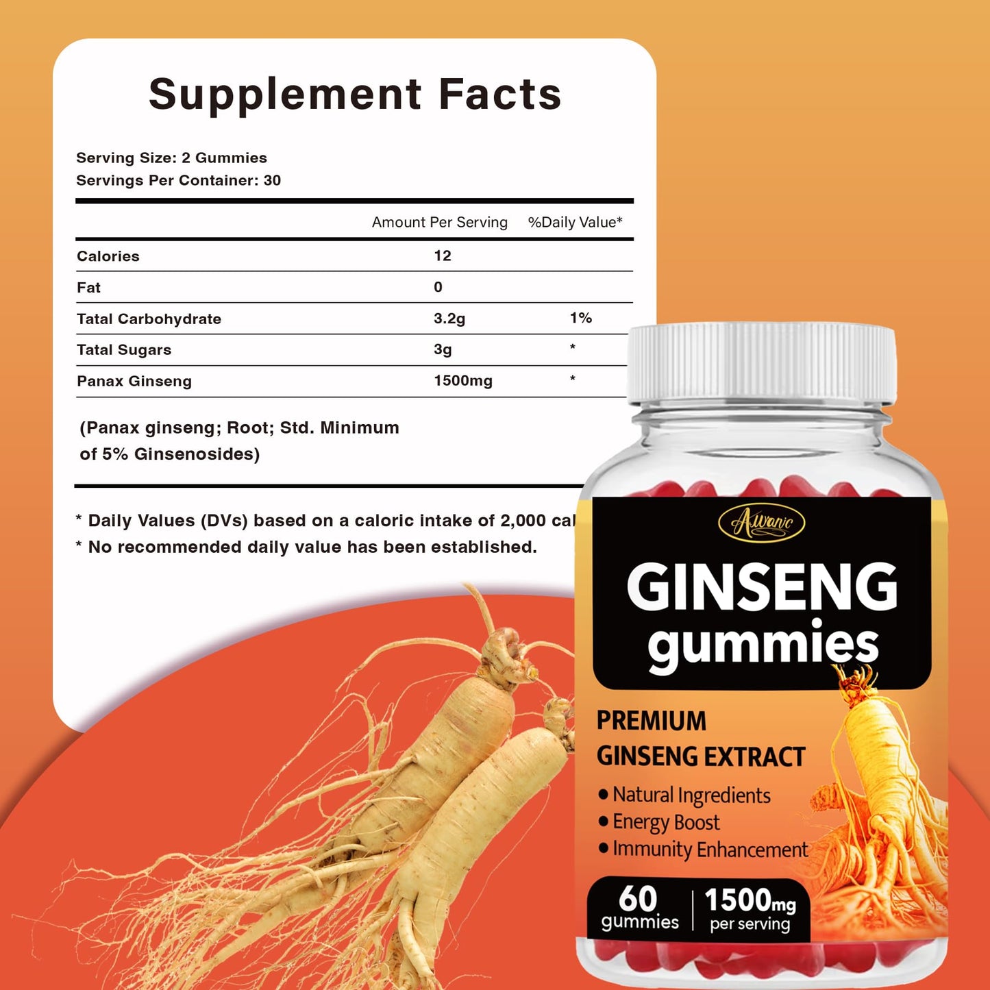 Auranic Asian Panax Ginseng Gummies, 60 Count