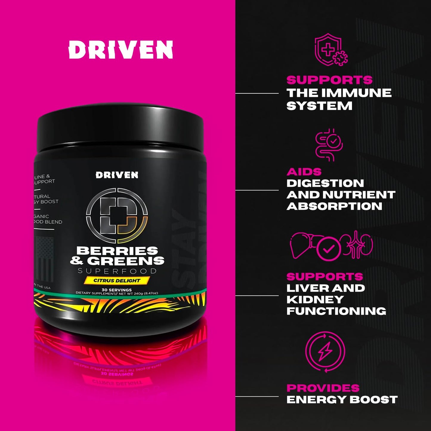 Driven Nutrition B&G Berries & Greens Superfood Powder, 8.47 Ounce