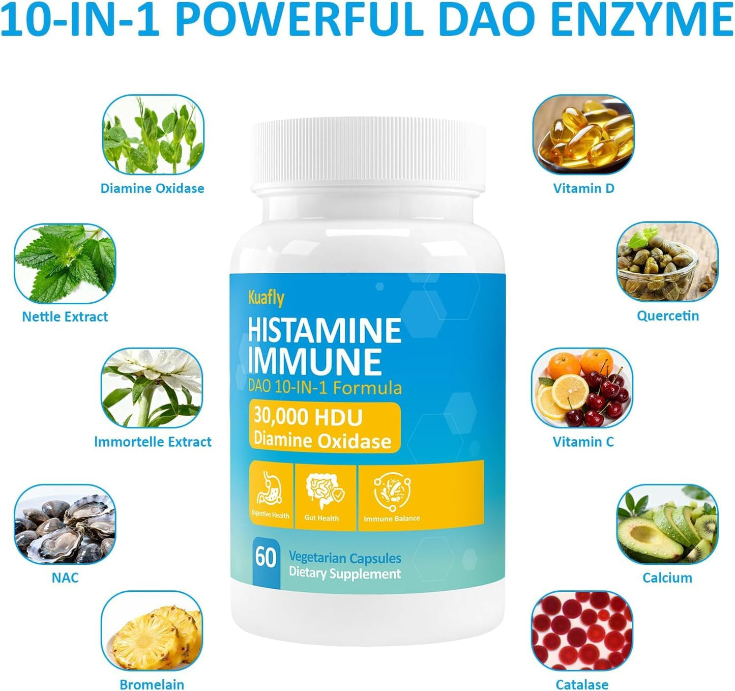 KUAFLY DAO Enzyme Supplements Histamine Blocker, Natural DAO Supplement with Diamine Oxidase & Quercetin, Immortelle, Vitamin C for Gut Health, 60 Capsules