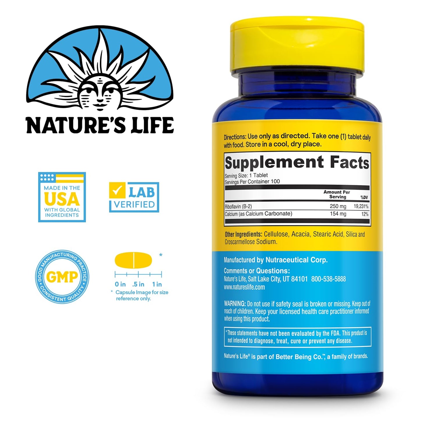 Nature's Life Vitamin B-2 250 mg Tablet, 100 Tablets