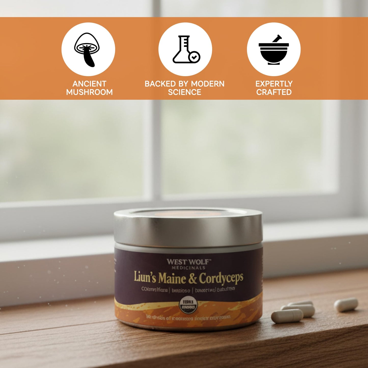 West Wolf Medicinals Lion's Mane & Cordyceps Mushroom Extract Capsules, 120 Capsules