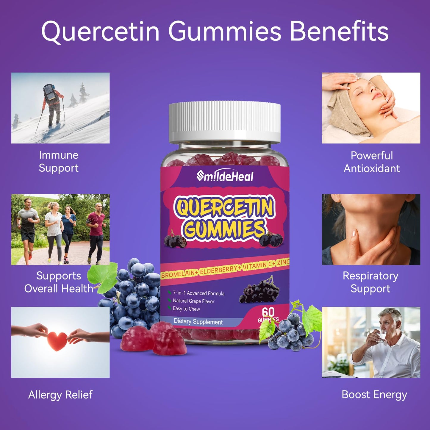 SmildeHeal Quercetin Gummies with Bromelain, Zinc & Vitamin C, Immune Support, 120 Gummies