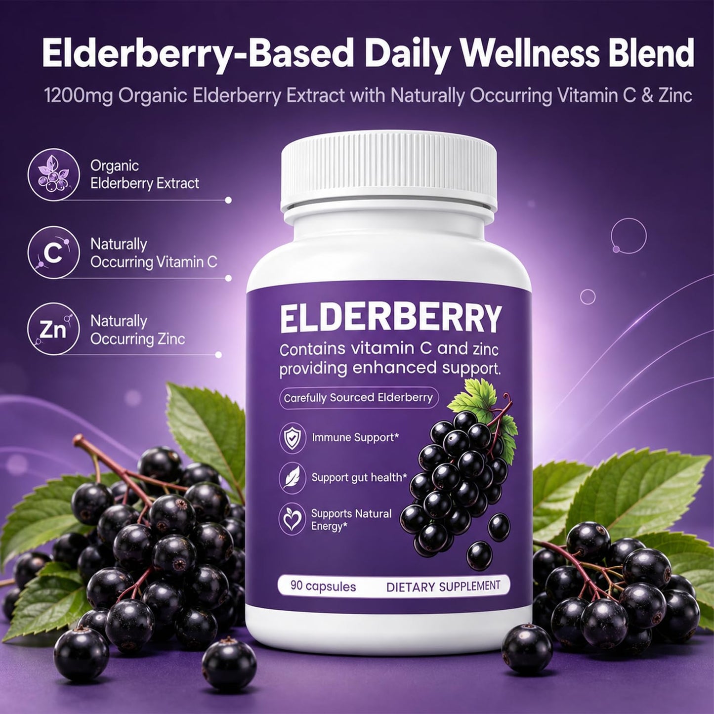 QLONU Elvera Elderberry Gut Support with 1200mg Elderberry Extract, Vitamin C and Zinc Capsules, 90 Count