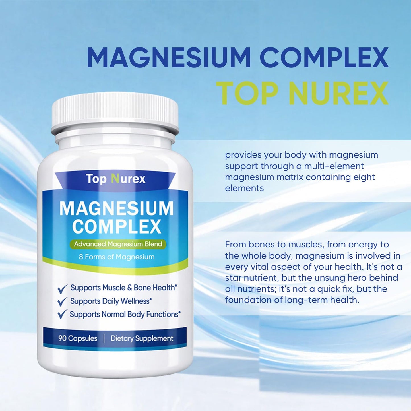 Kunnozz Top Nurex Magnesium Complex 1000 mg, 8-Source Magnesium Blend with Glycinate, Citrate, Malate & Taurate, Vegan Non-GMO Formula, 90 Capsules