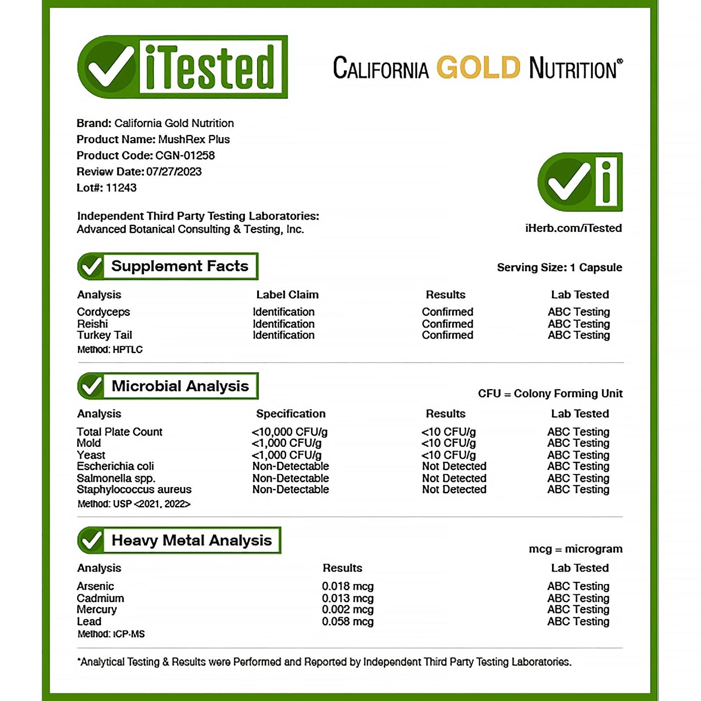 California Gold Nutrition Fungiology MushRex Plus, Full-Spectrum Ten Mushroom Complex with Agaricus, Chaga, Cordyceps, and Lion's Mane, Powder, 120 Plantcaps
