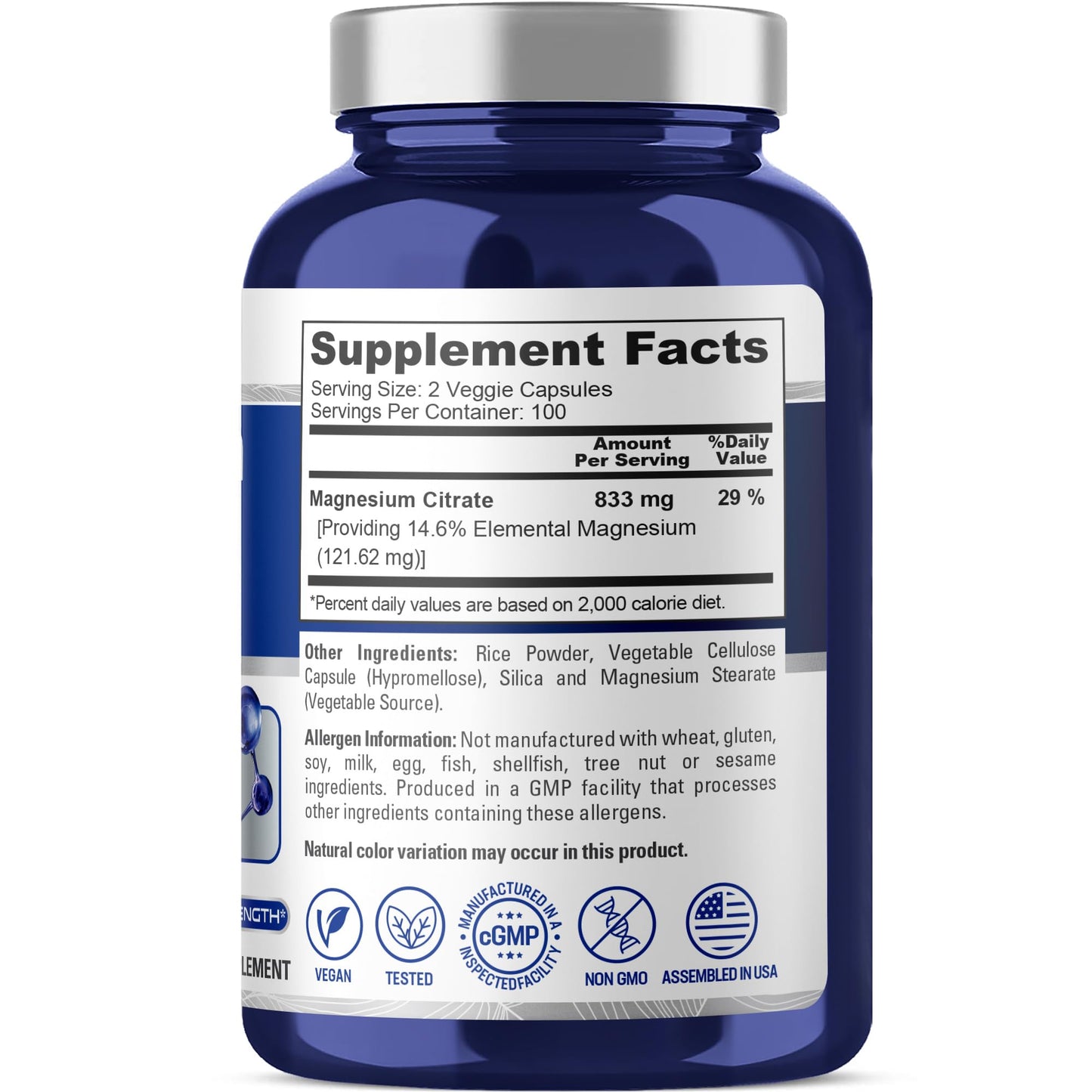NusaPure Magnesium Citrate 833mg Capsule, 200 Count