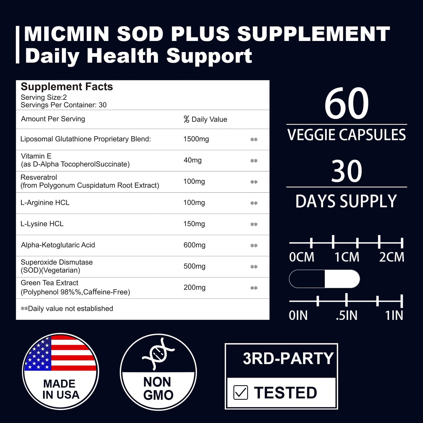 NICMIN 500MG Superoxide Dismutase Supplement - SOD Plus with Liposomal Glutathione, AKG, Green Tea Extract, L-Arginine, Lysine, Resveratrol and Vitamin E Capsule, 120 Capsules
