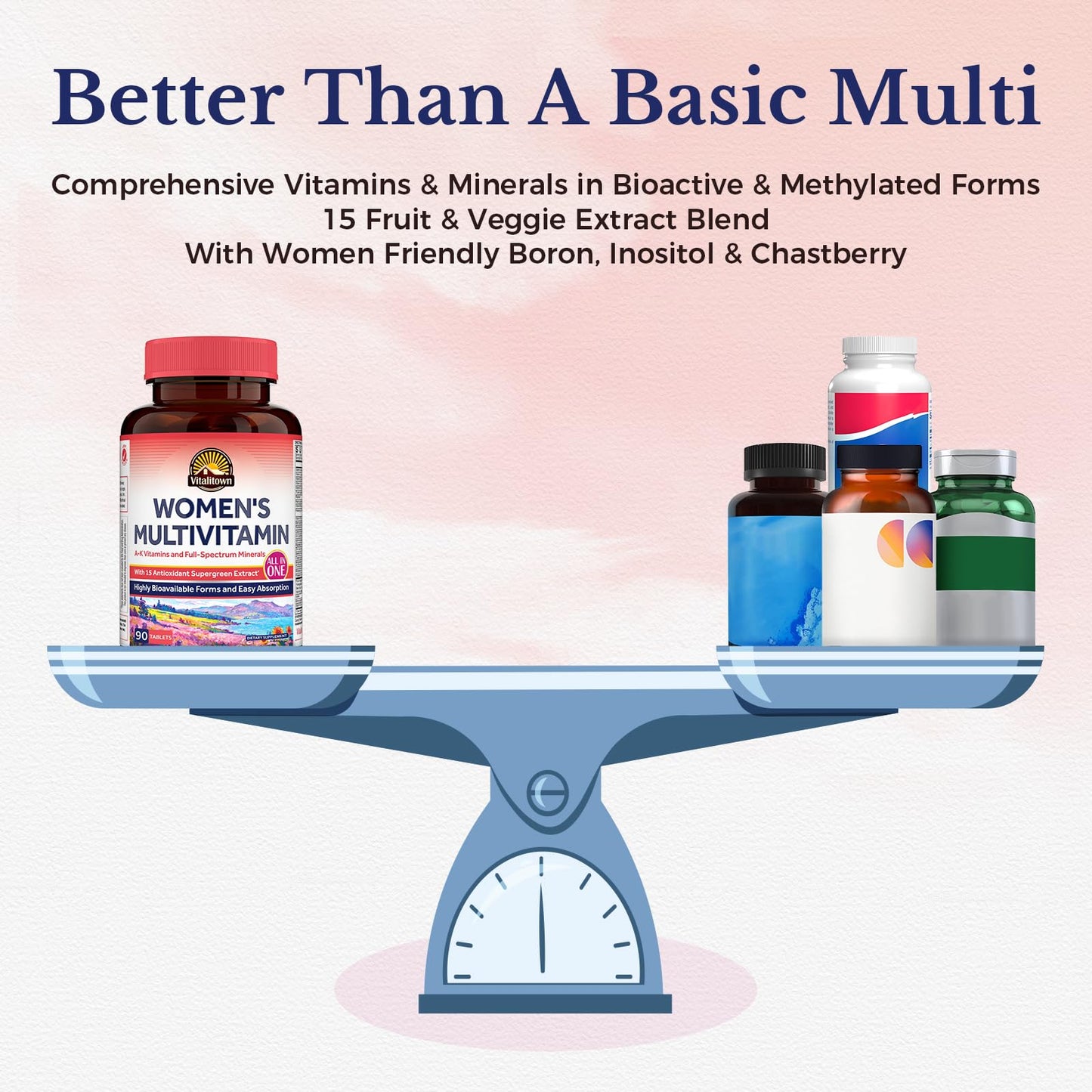 Vitalitown Women’s Multivitamin, Methylated Multivitamins & Multiminerals, A-K Vitamins, Iron, Zinc, Supergreens & More, Women’s Wellness, Hair Growth, High Absorption, Easy to Swallow, 90 Tablets