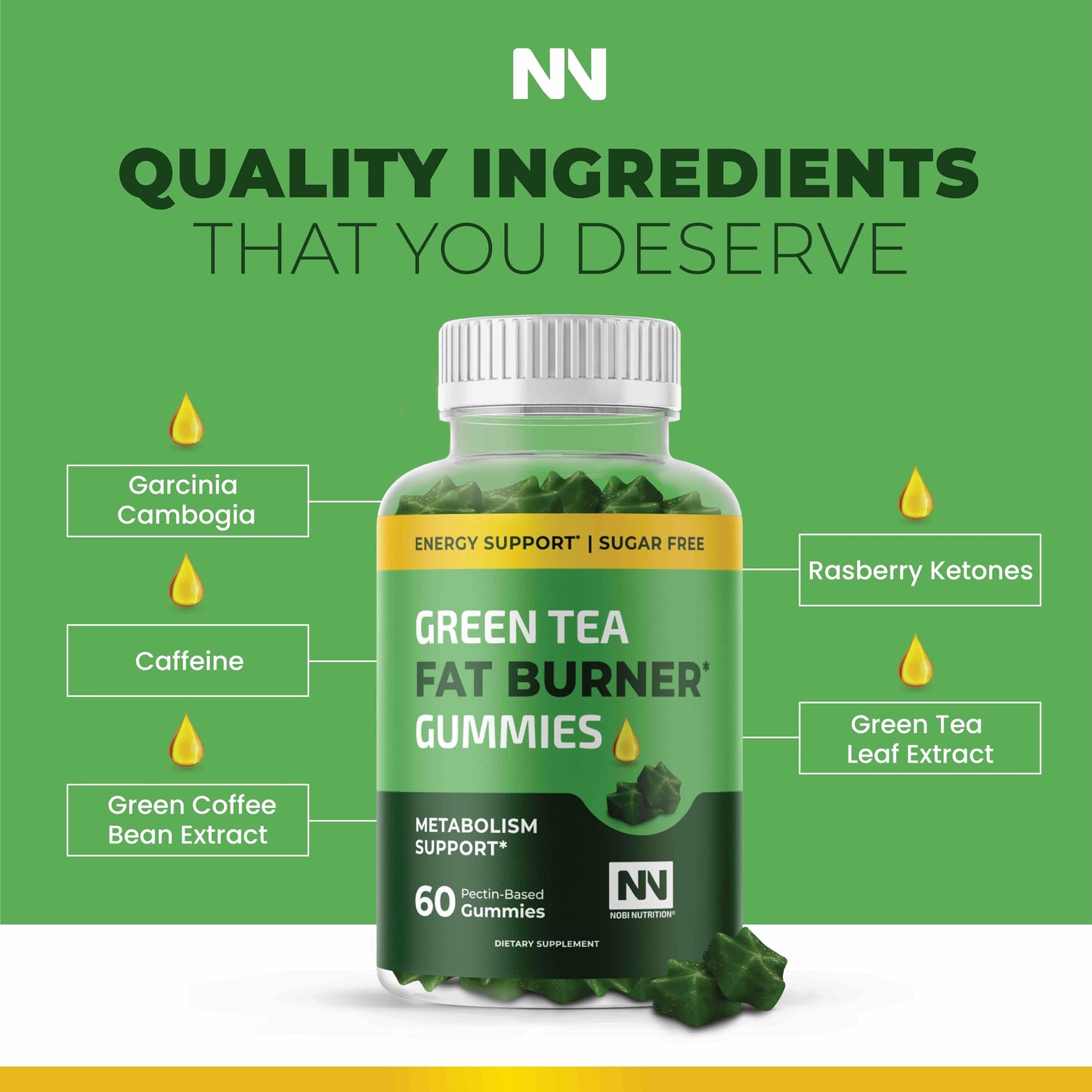 Nobi Nutrition Green Tea Fat Burner Gummies 60 Count