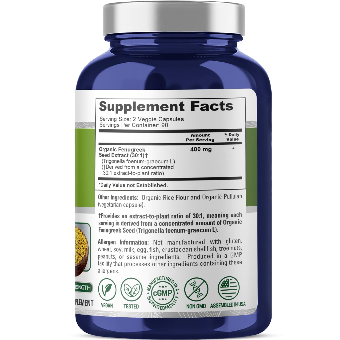 NusaPure Organic Fenugreek 400mg Capsules, 180 Count