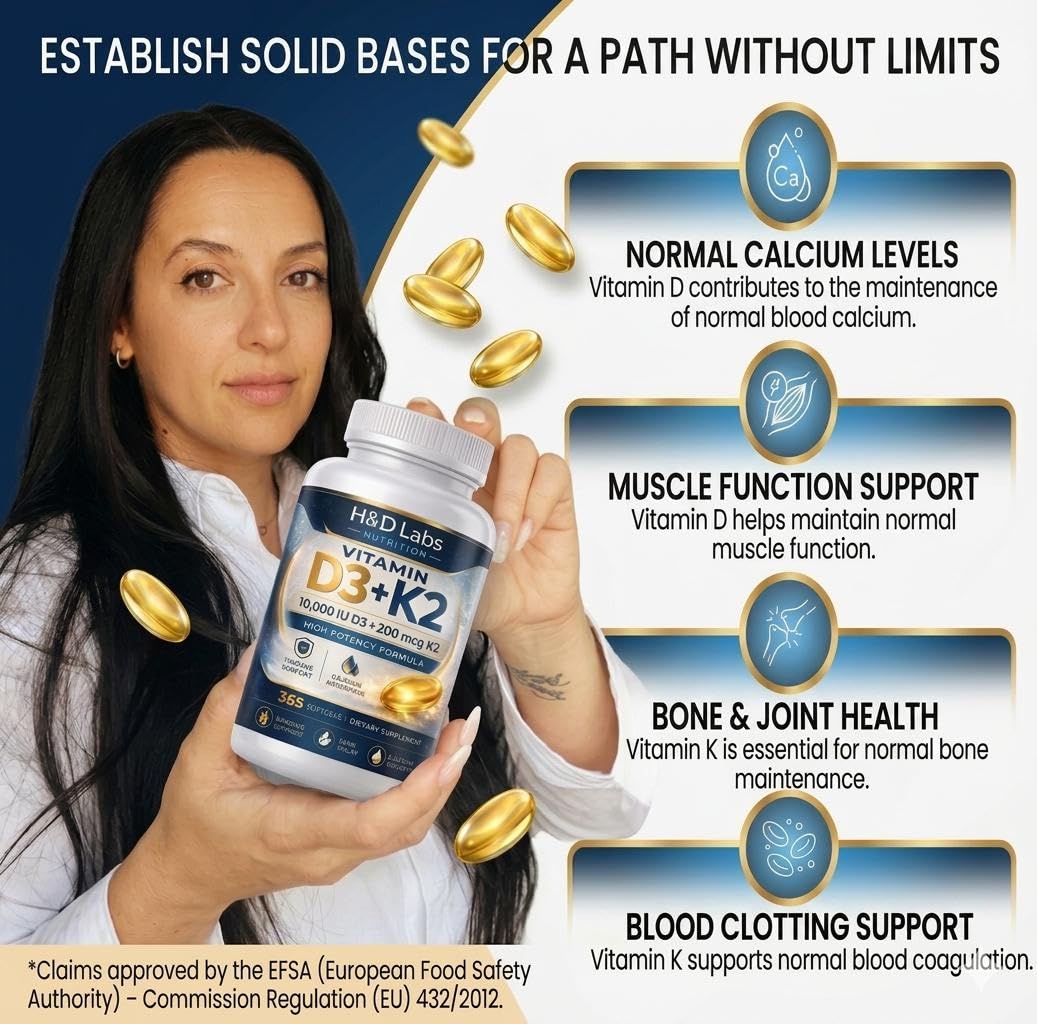 H&D Labs Nutrition Vitamin D3 K2 10000 IU (125mcg) with MK-7 Capsule, 1 Capsule