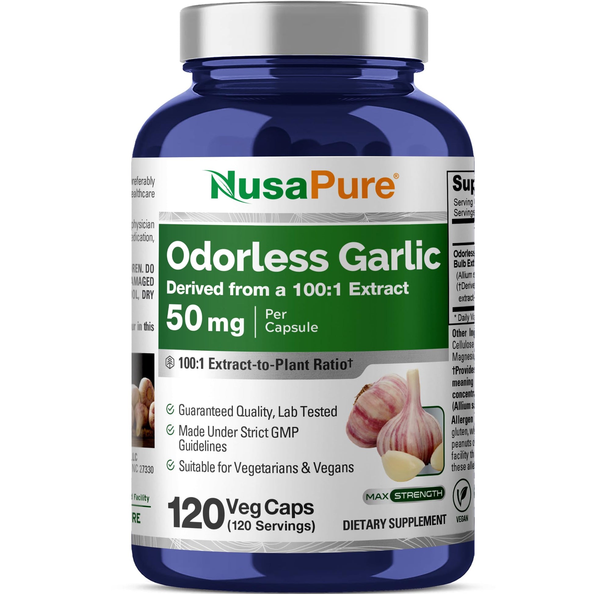 NusaPure Odorless Garlic 50mg Capsules, 120 Count
