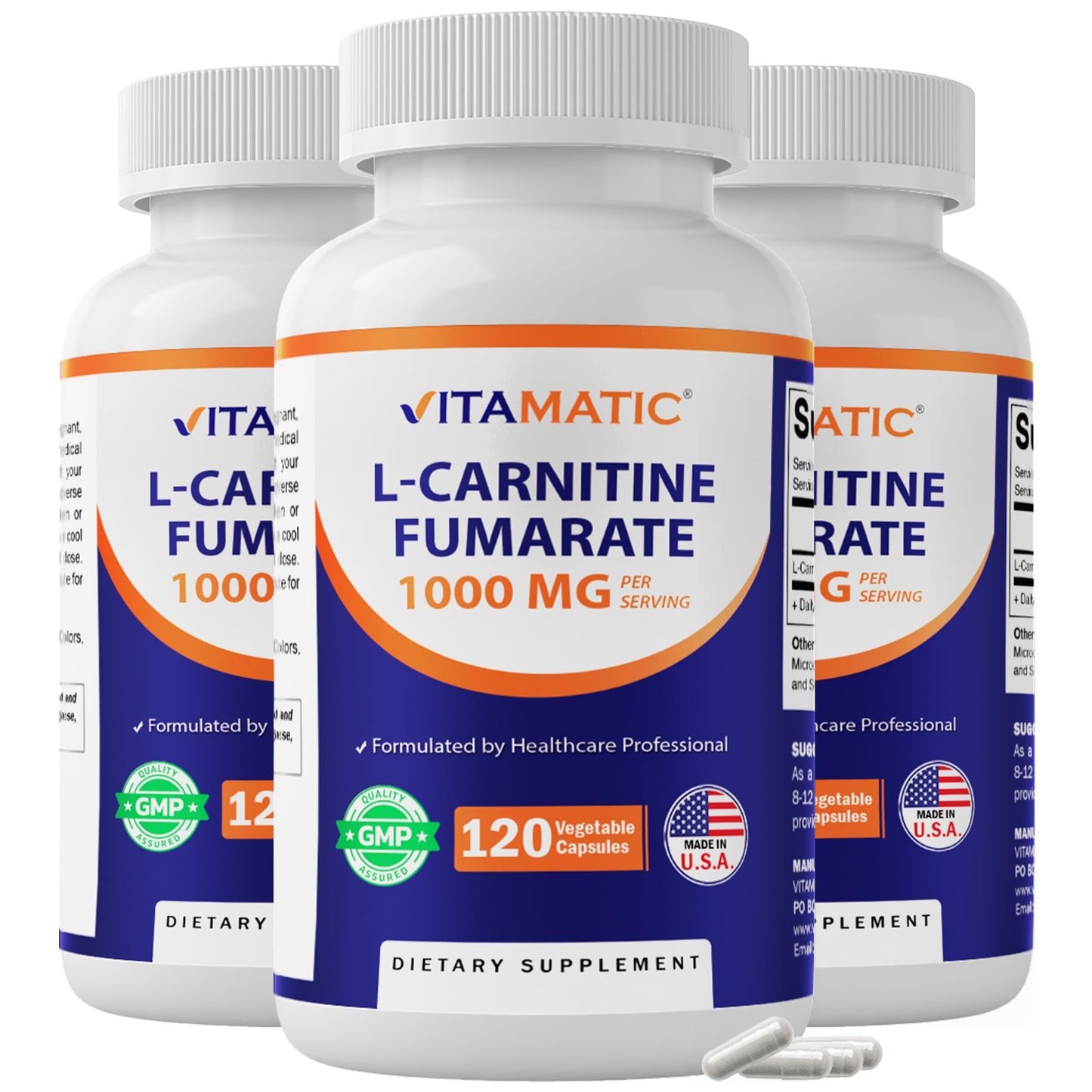 Vitamatic L-Carnitine Fumarate 1000 mg Vegetable Capsules, 120 Count