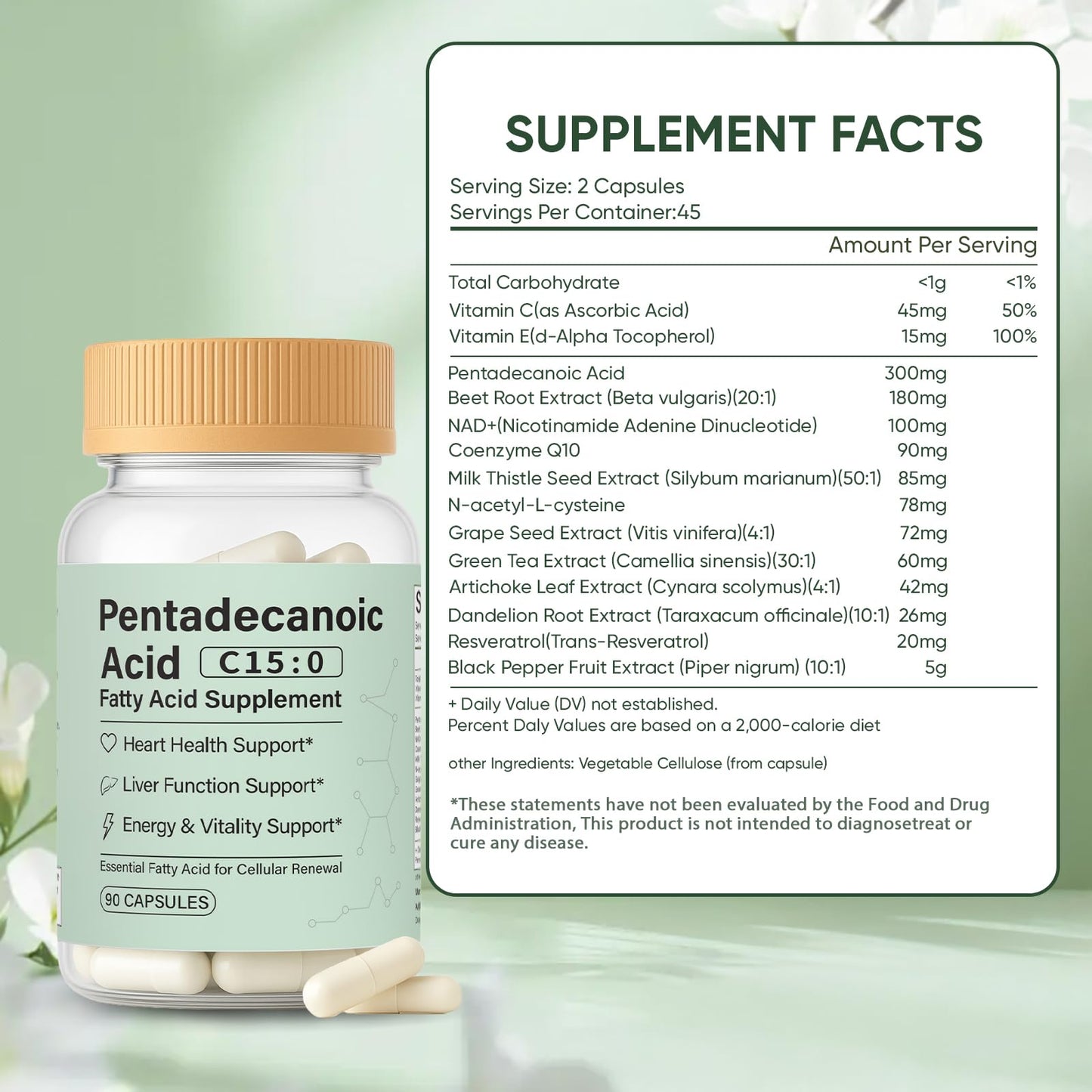 minyang Pentadecanoic Acid Capsules, C15:0 Fatty Acid Supplement – Pure Plant-Based Essential Fatty Acid, 90 Capsules