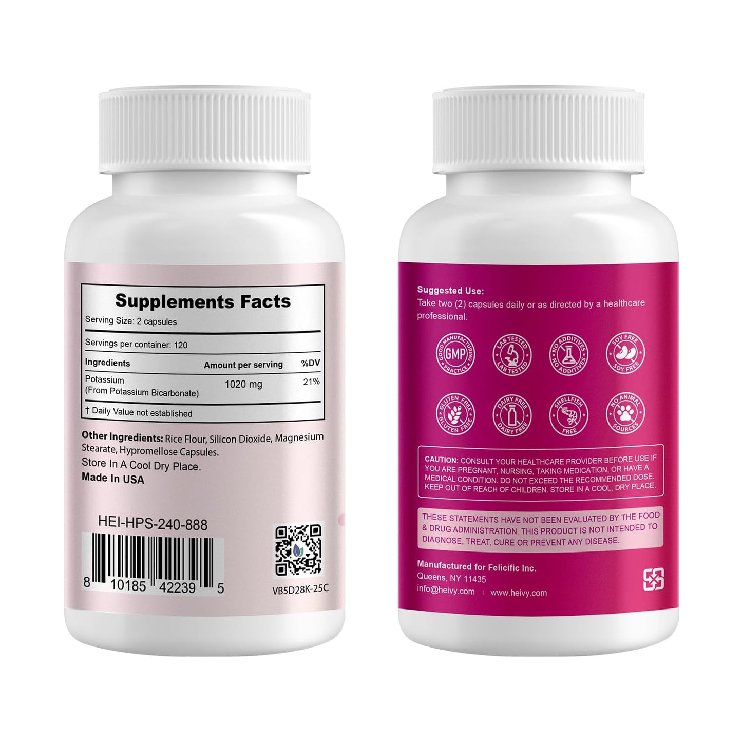 Heivy Potassium Supplement 1020 mg Capsules, 240 Veg Capsules