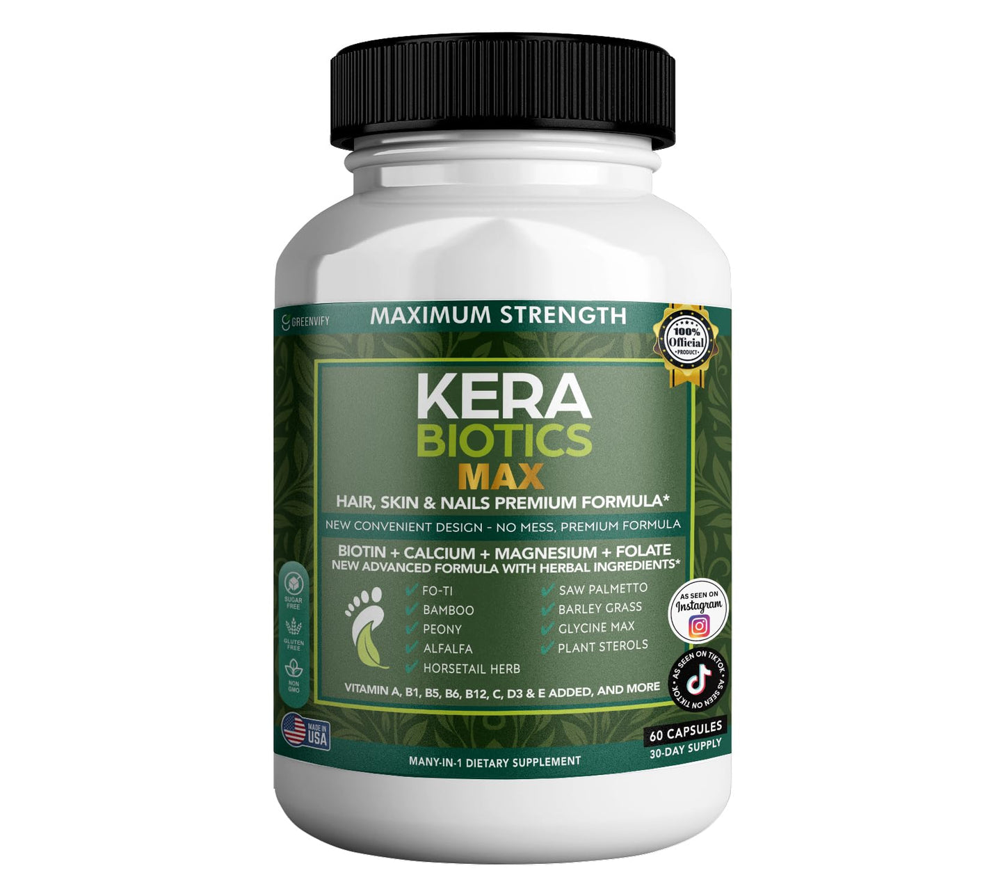 GREENVIFY Kerabiotics Max Hair, Skin & Nails Premium Formula, 60 Capsules
