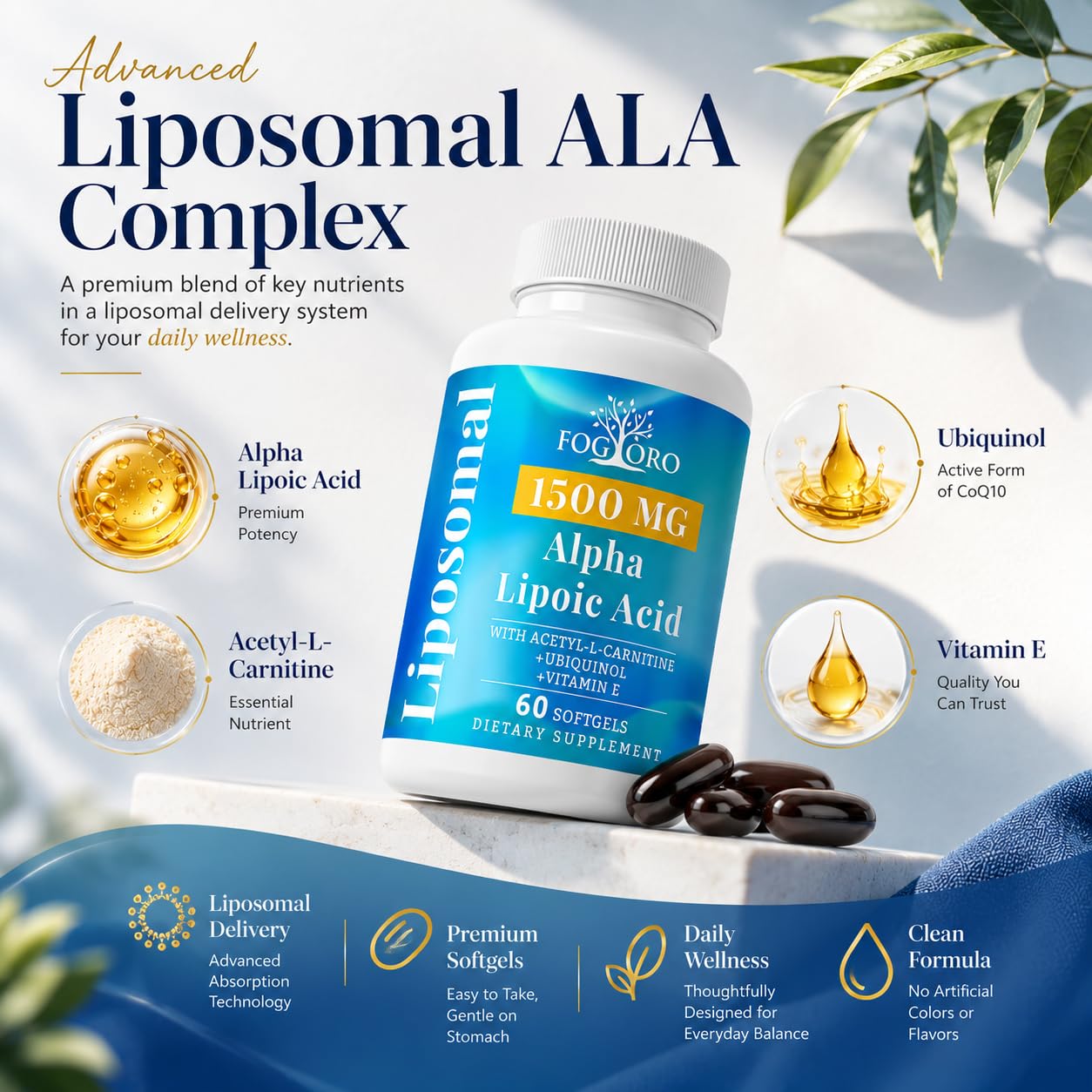 Fogoro Alpha Lipoic Acid 1500 mg-Liposomal ALA Supplement for Cellular Energy Production, Glucose and Lipid Metabolism, Free Radical Scavenger Softgels 120