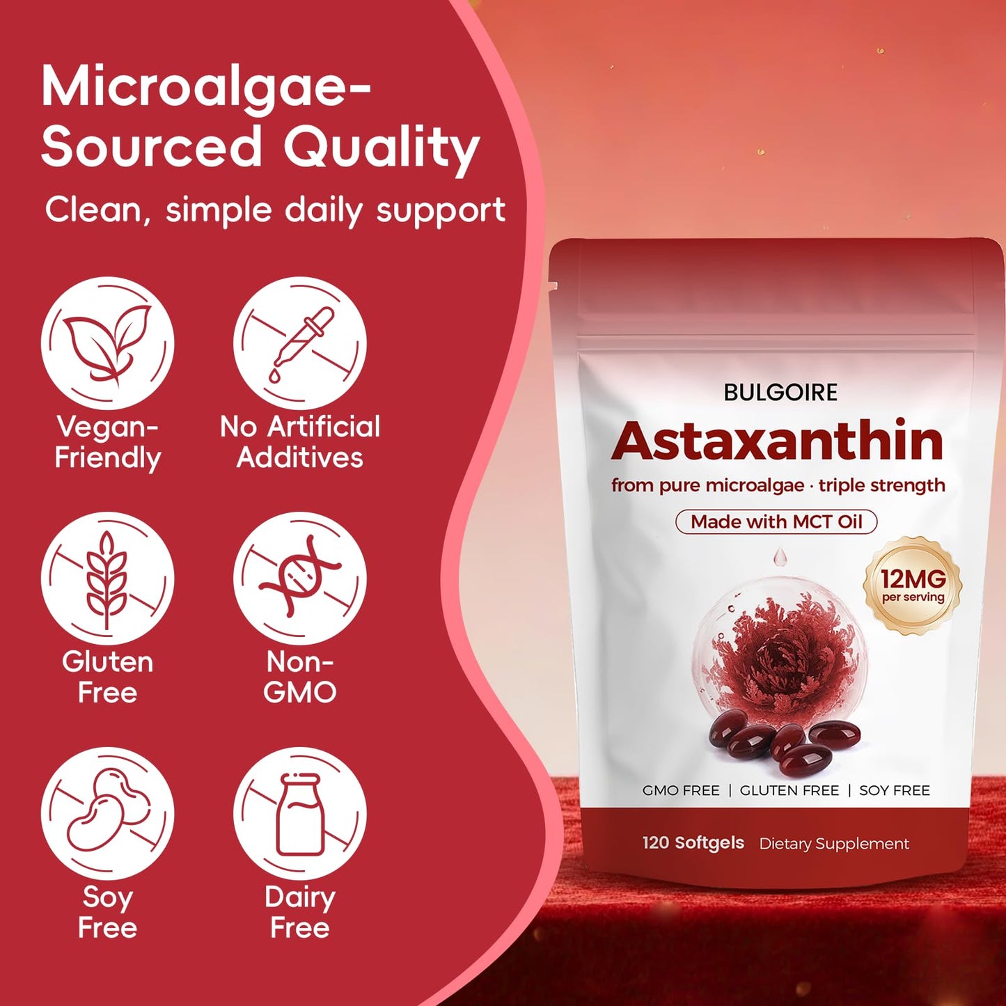 BULGOIRE Astaxanthin 12mg with MCT Oil Softgel, 120 Softgels