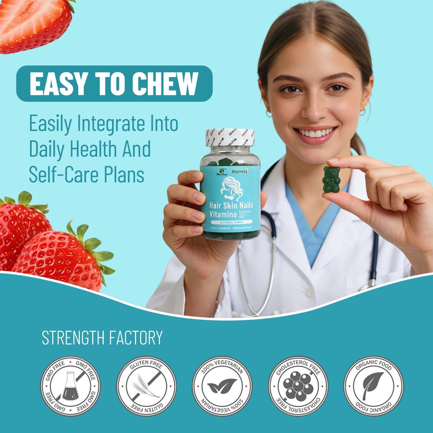 Wins Town Hair Skin Nails Vitamins Gummies with Collagen, Vitamin C, Sodium, 60 Gummies