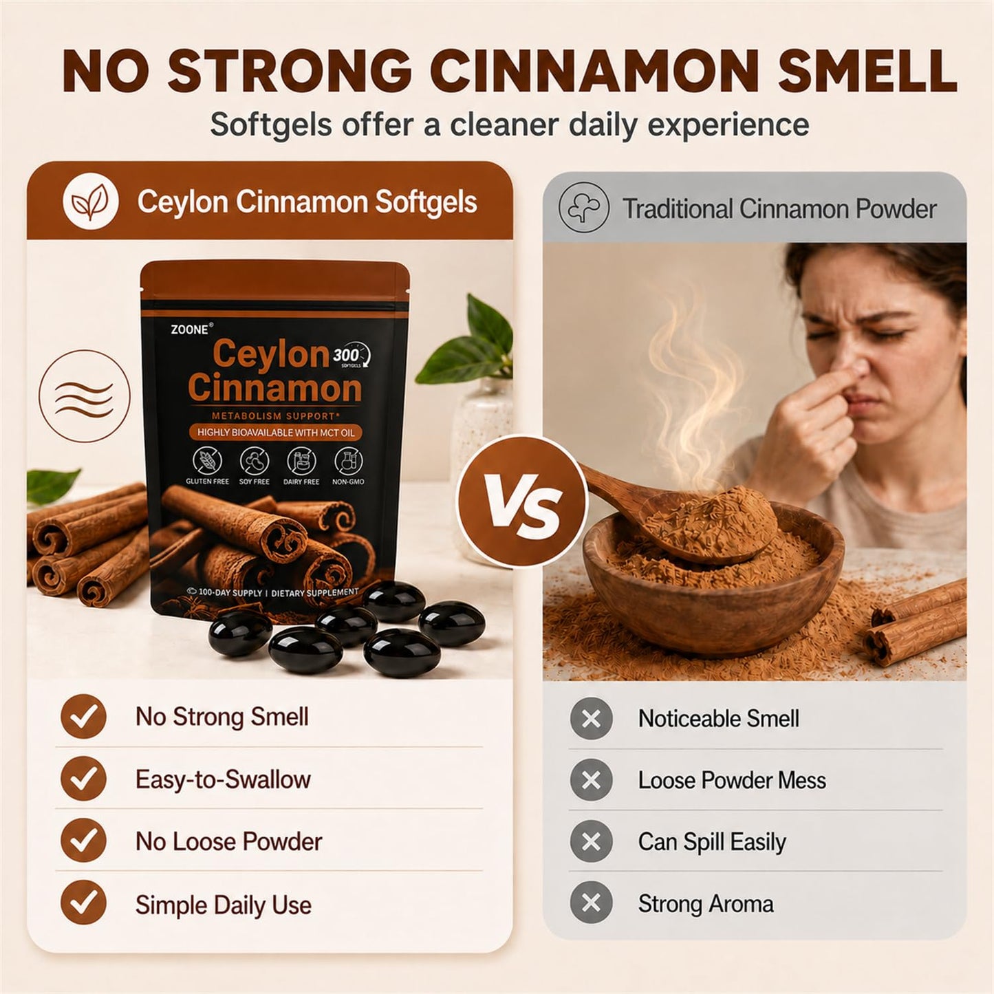 Zoone Ceylon Cinnamon Softgels with MCT Oil, Herbal Extract, 300 Softgels