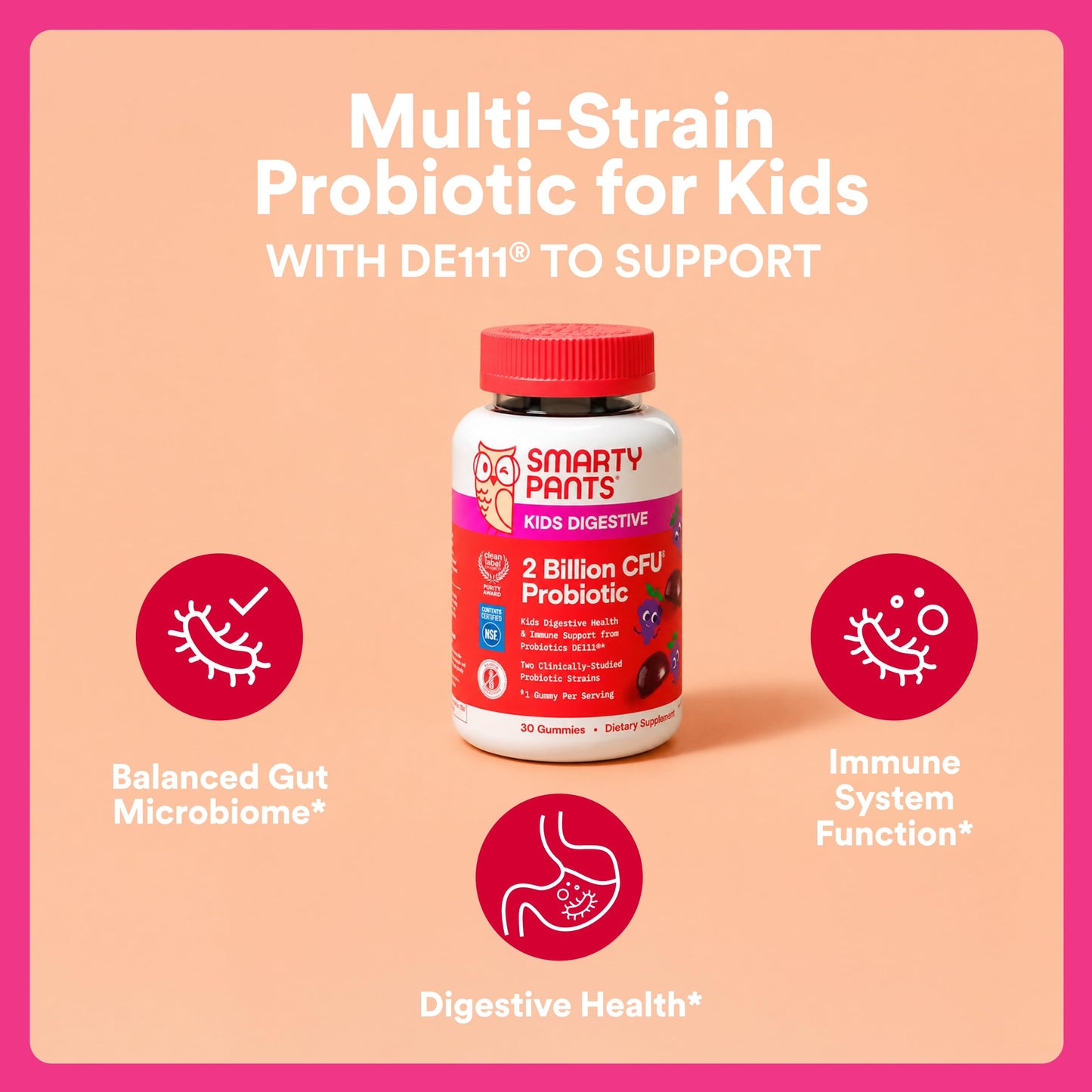 SmartyPants Kids Probiotic Gummies for Digestive Health 2 Billion CFU Gut Health and Immune Support, Clinically Studied Probiotic, Gluten Free, Grape, 1 Count