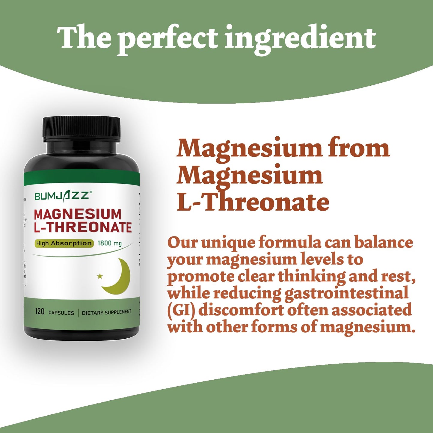 Bumjazz Magnesium L-Threonate Capsules 1800mg – 120 Count – High Absorption Magnesium Supplement for Rest and Cognitive Function Support