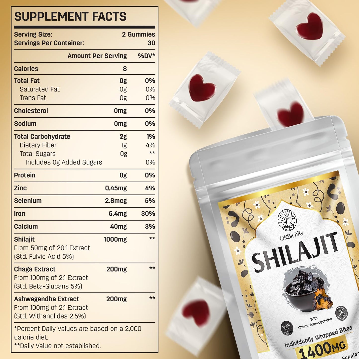 ORBILIVE Shilajit Gummies with Ashwagandha, Himalayan Organic, 1400 mg, 60 Count