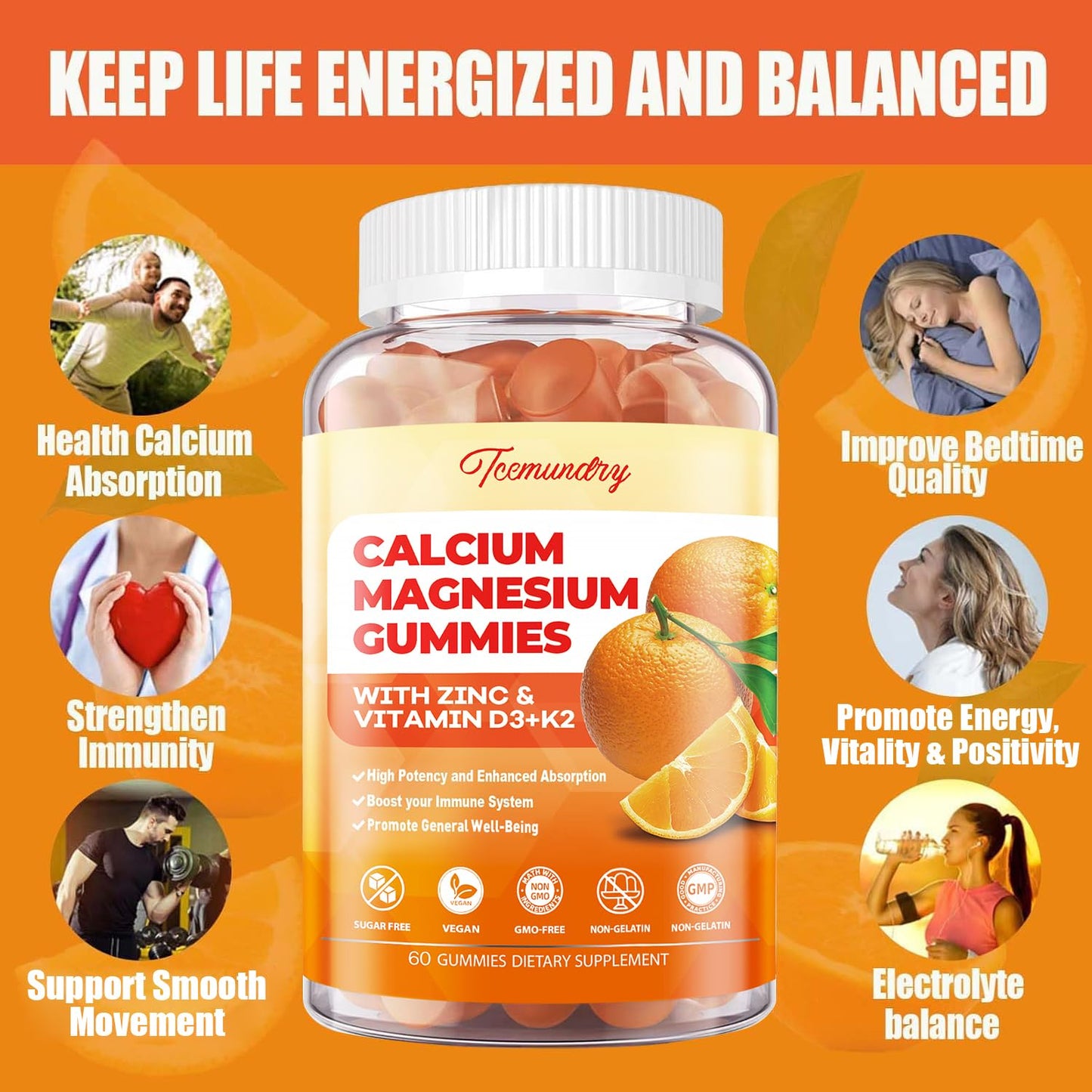 Tcemundry Calcium Magnesium Zinc Gummies with Vitamin D3 & K2, 60 Gummies
