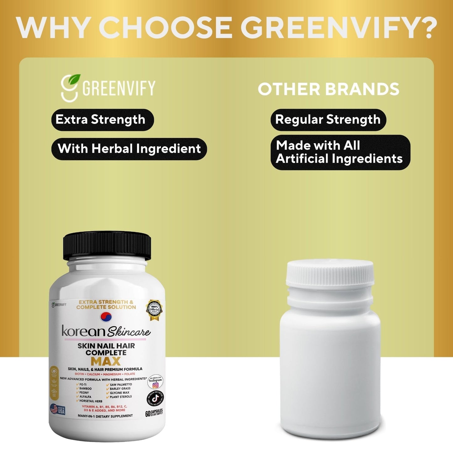 GREENVIFY Skin Nail Hair Complete Biotin with Folate, Magnesium & Vitamins Capsules, 60 Capsules