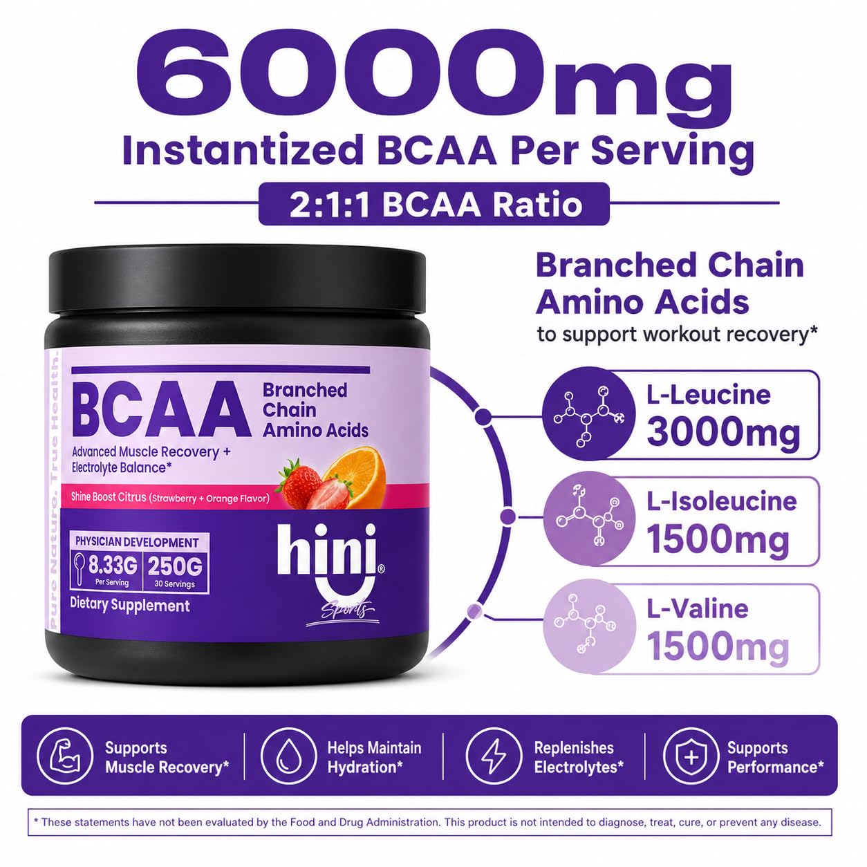 HINI BCAA Powder 6000mg BCAA Blend with Electrolytes, L-Leucine, L-Isoleucine & L-Valine, Strawberry Orange Flavor, 250g, 30 Servings