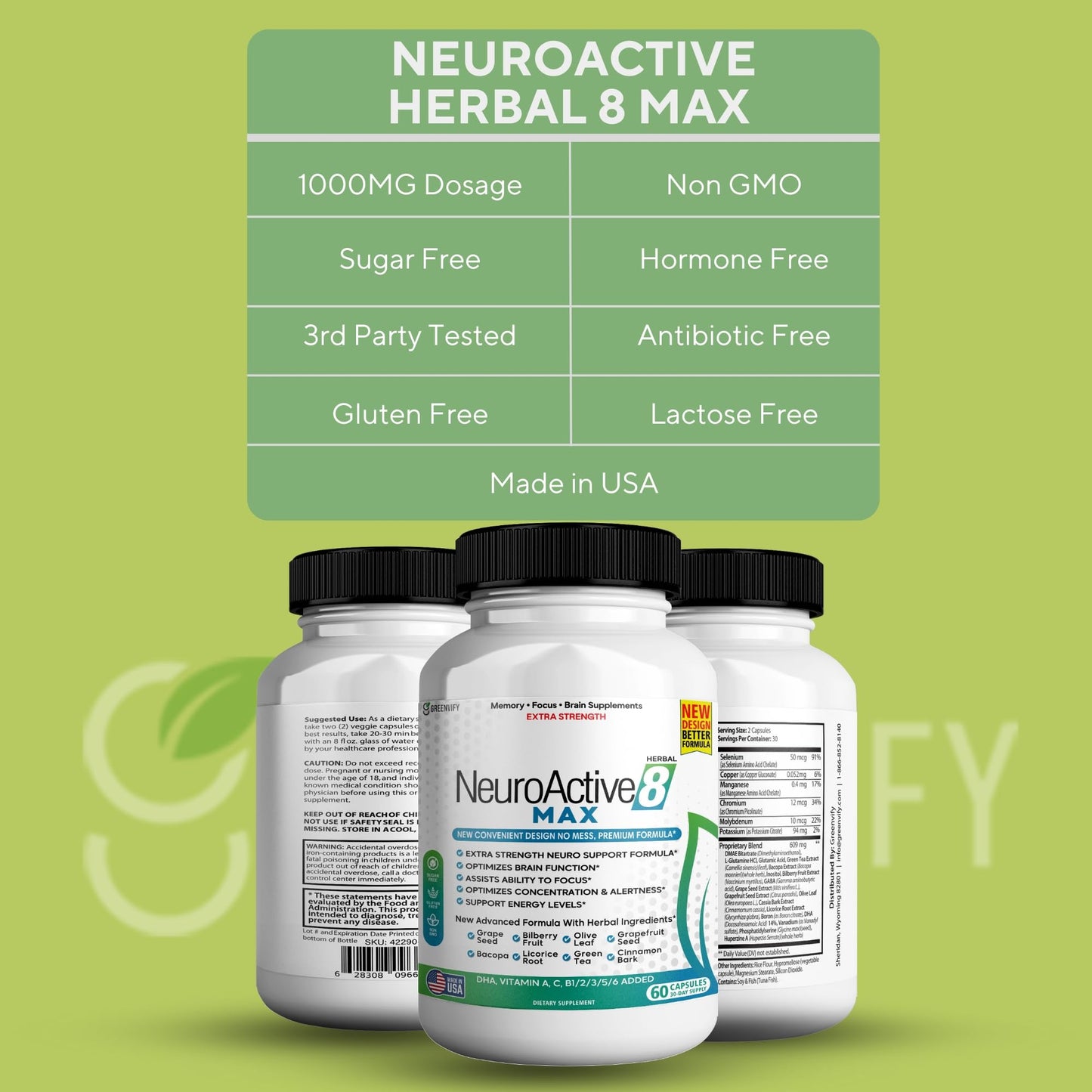 GREENVIFY NeuroActive 8 Max Brain Support Supplement, Extra Strength Formula, Memory and Focus Support 180 Capsules
